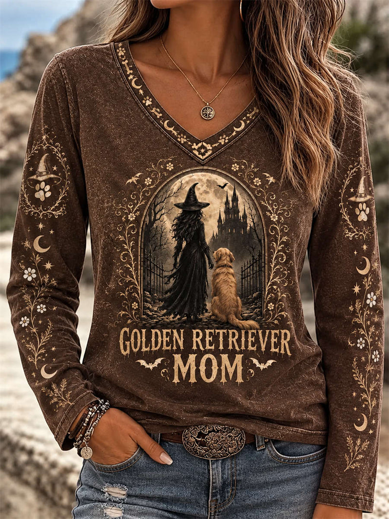 Women's Halloween Brown Witch Golden Retriever Mom Print V Neck Long Sleeve Top