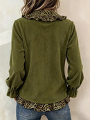 Women's Army Green Leopard Ruffle V Neck Long Sleeve Top