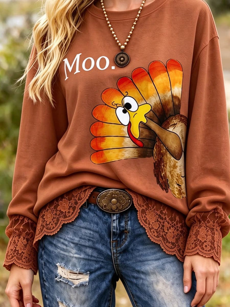 Women's Thanksgiving Brown Cartoon Turkey Moo Print Lace Round Neck Long Sleeve Top