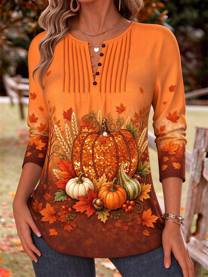 Women's Thanksgiving Orange Pumpkin Maple Leaf Wheat Print Split Neck Long Sleeve Top