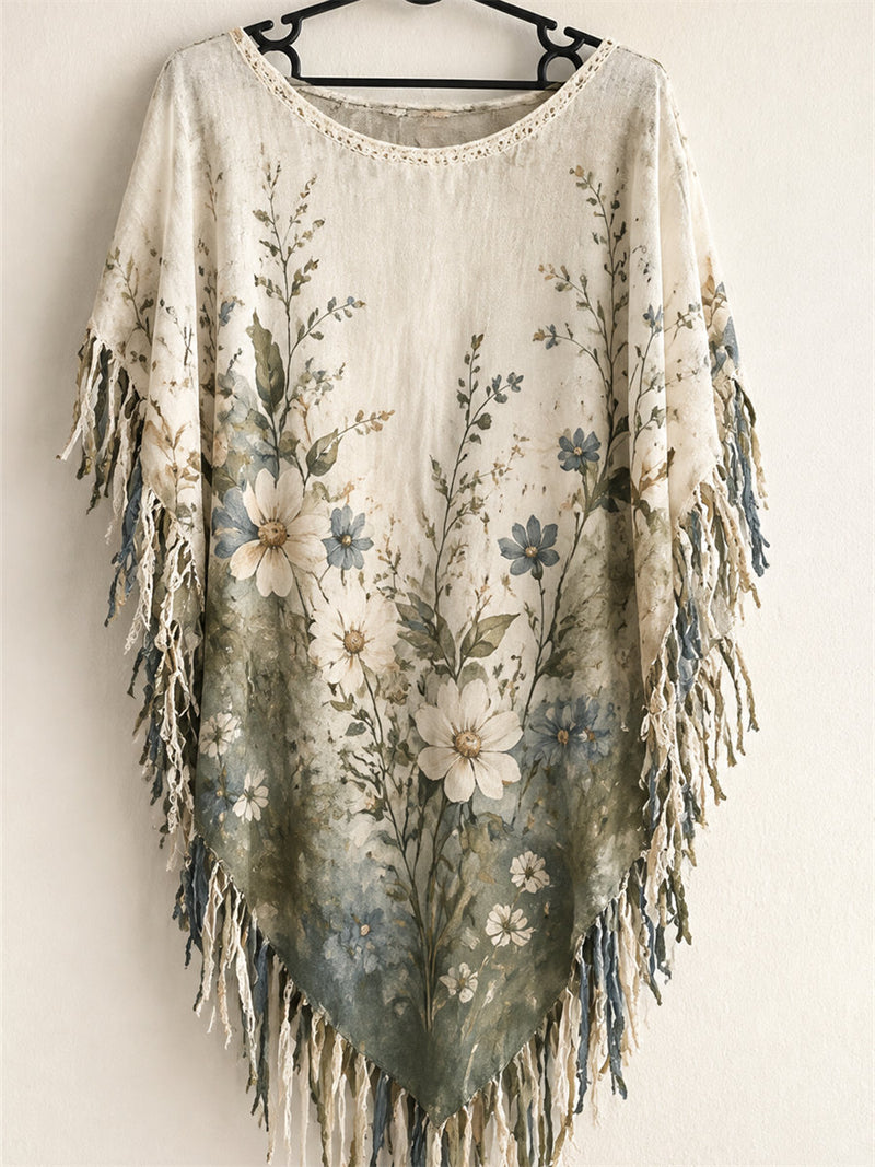 Women's Beige Sage Watercolor Floral Print Round Neck Fringe Sleeve Top