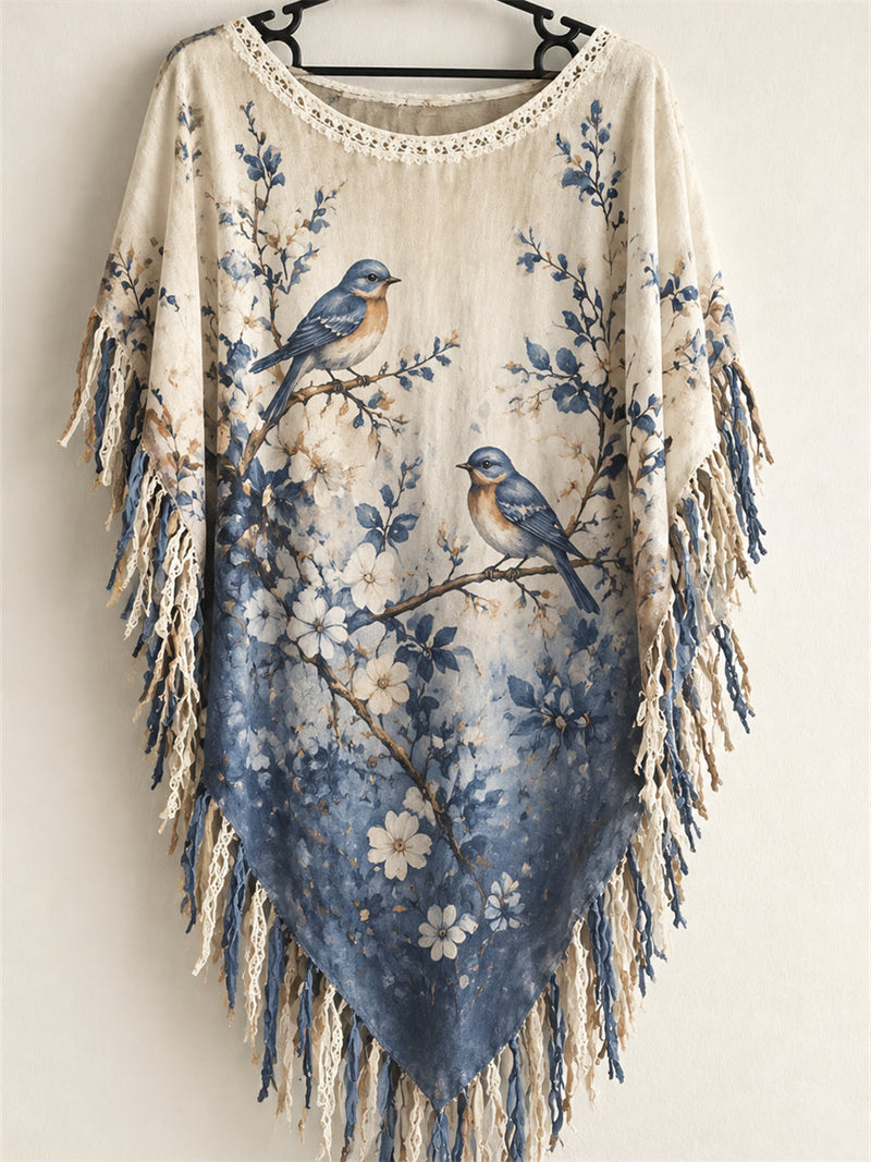 Women's Beige Blue Bird Floral Print Round Neck Fringe Sleeve Top