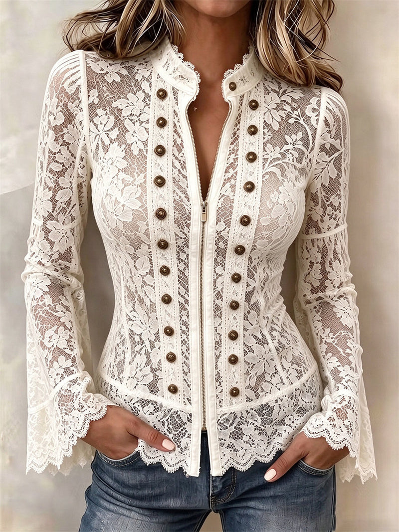 Women's White Floral Lace Stand Collar Zip Up Flare Long Sleeve Top