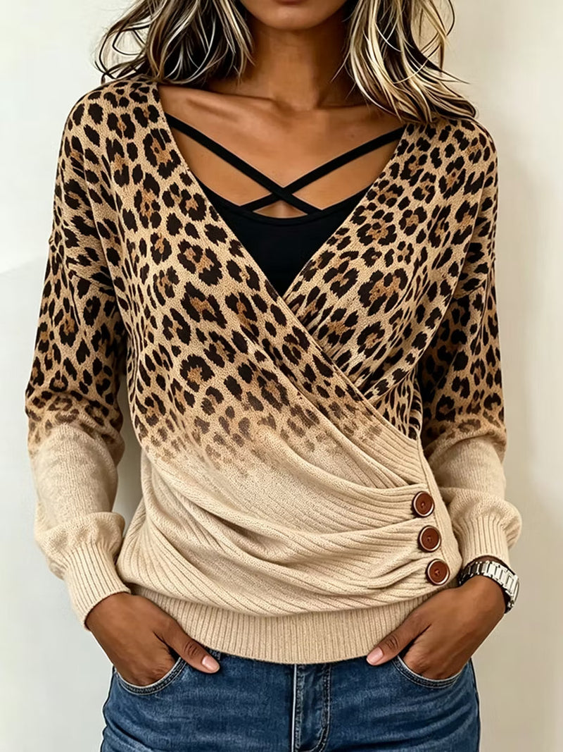 Women's Brown Beige Leopard Ombre Wrap V Neck Long Sleeve Sweater