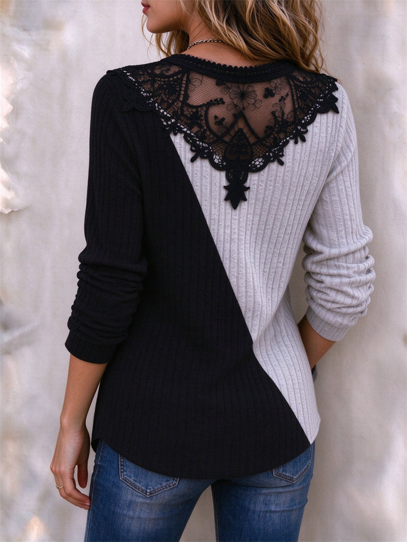 Women's Black Grey Color Block Lace Patchwork Round Neck Long Sleeve Top