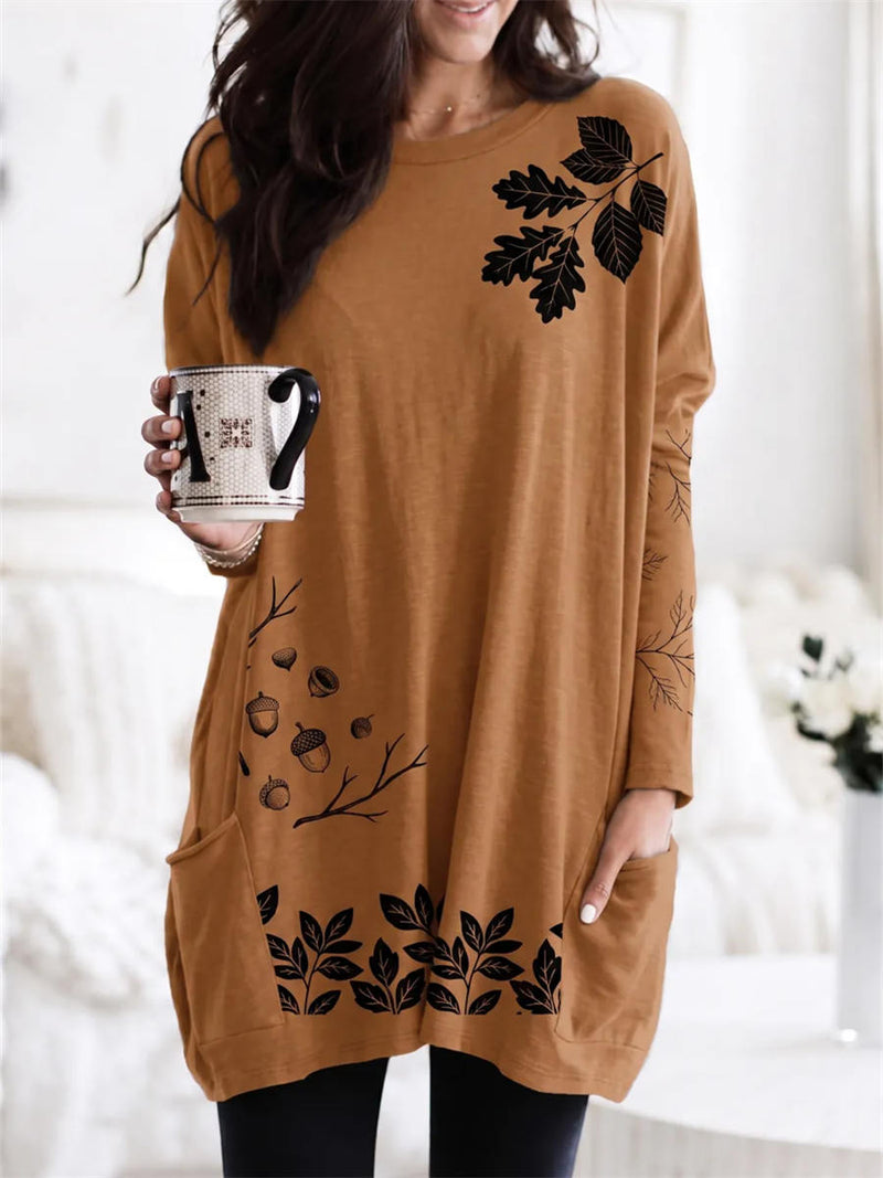 Women's Camel Oak Leaf Acorn Print Round Neck Long Sleeve Tunic Top
