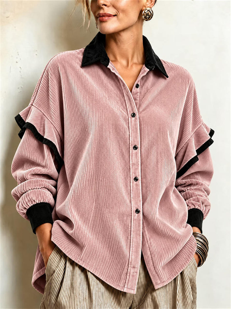 Women's Dusty Pink Color Block Lapel Ruffle Long Sleeve Top