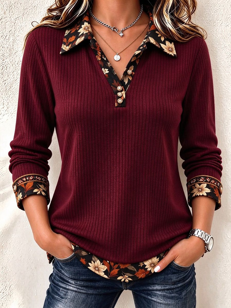Women's Burgundy Floral Patchwork Lapel V Neck Long Sleeve Top