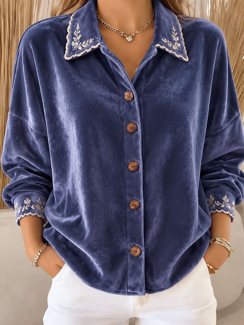 Women's Blue Floral Print Lapel Button Down Long Sleeve Top