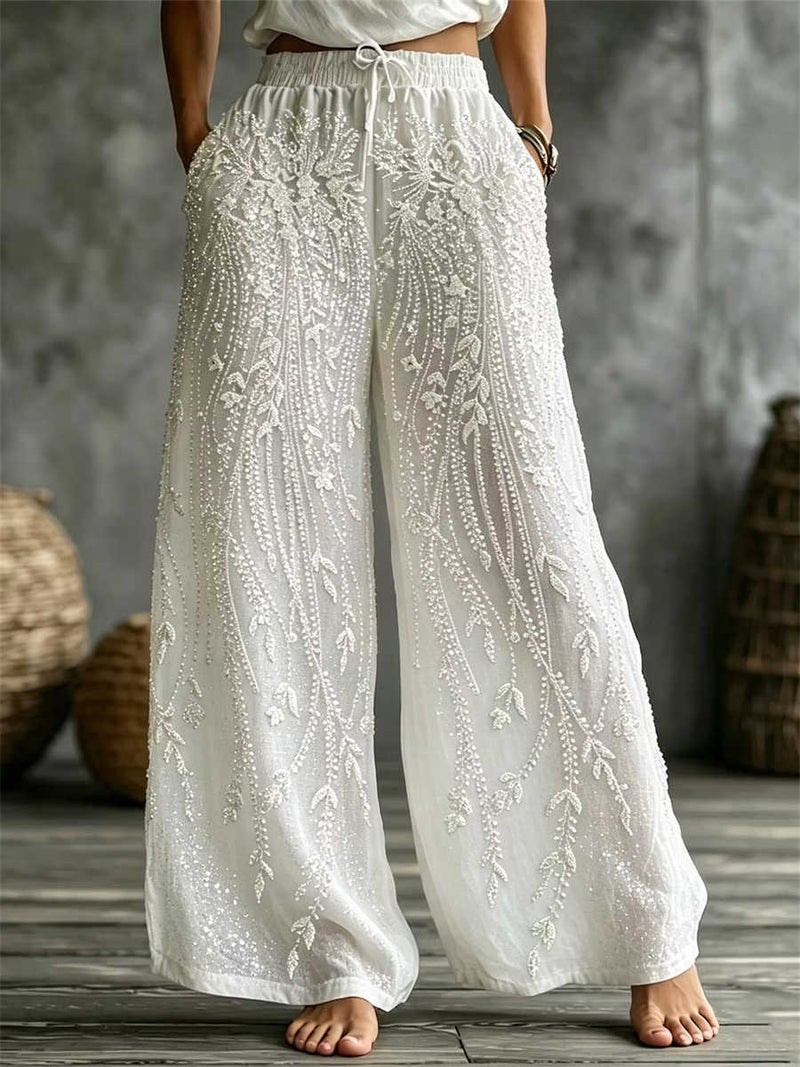 Women's White Leaf Floral Beaded Rhinestone Drawstring Elastic Waist Wide Leg Long Pants