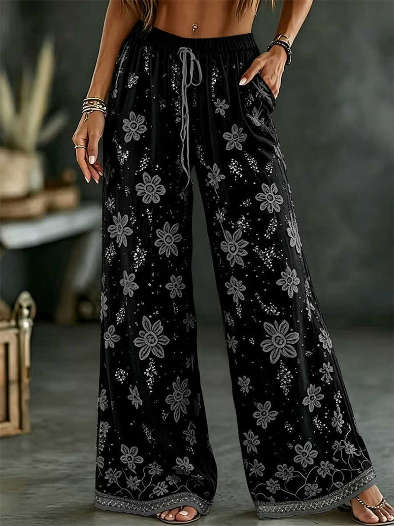 Women's Black Floral Embroidered Drawstring High Waist Long Wide Leg Pants