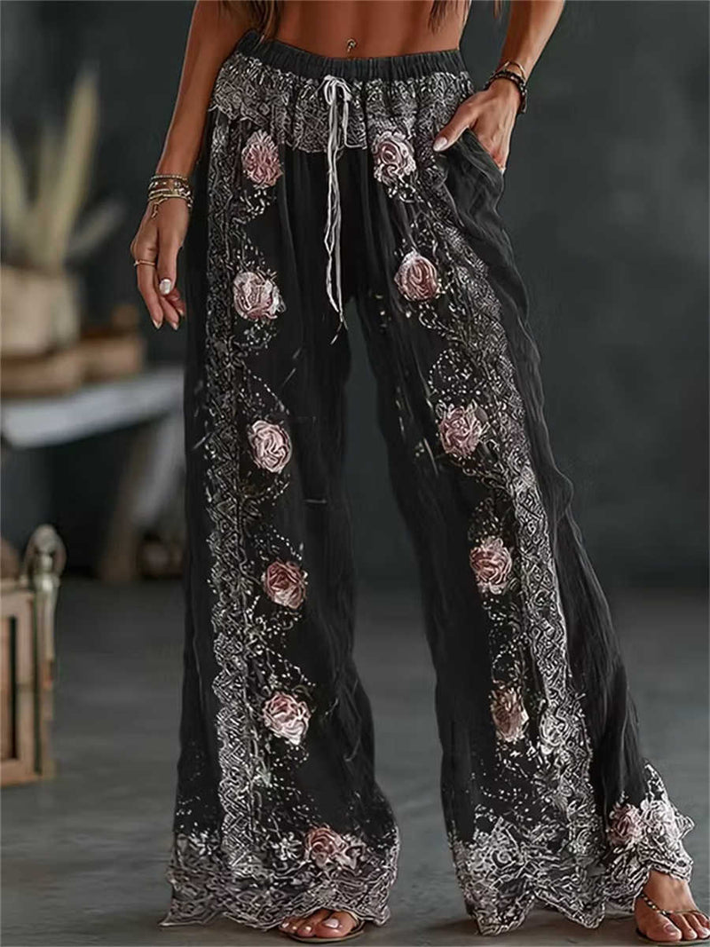 Women's Black Rose Floral Embroidered Lace Drawstring High Waist Long Wide Leg Pants
