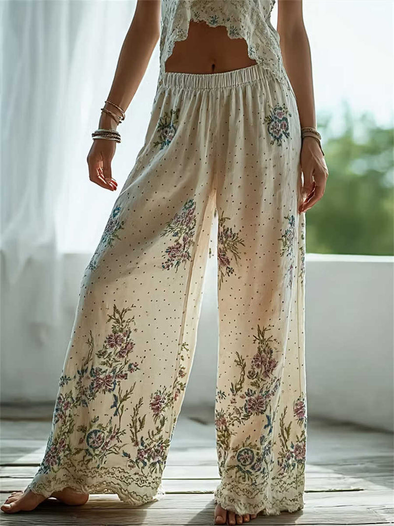 Women's Beige Floral Embroidered Elastic High Waist Long Wide Leg Pants