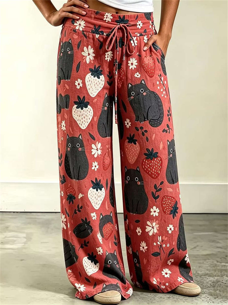Women's Brick Cat Strawberry Floral Print Drawstring Wide Leg Pants