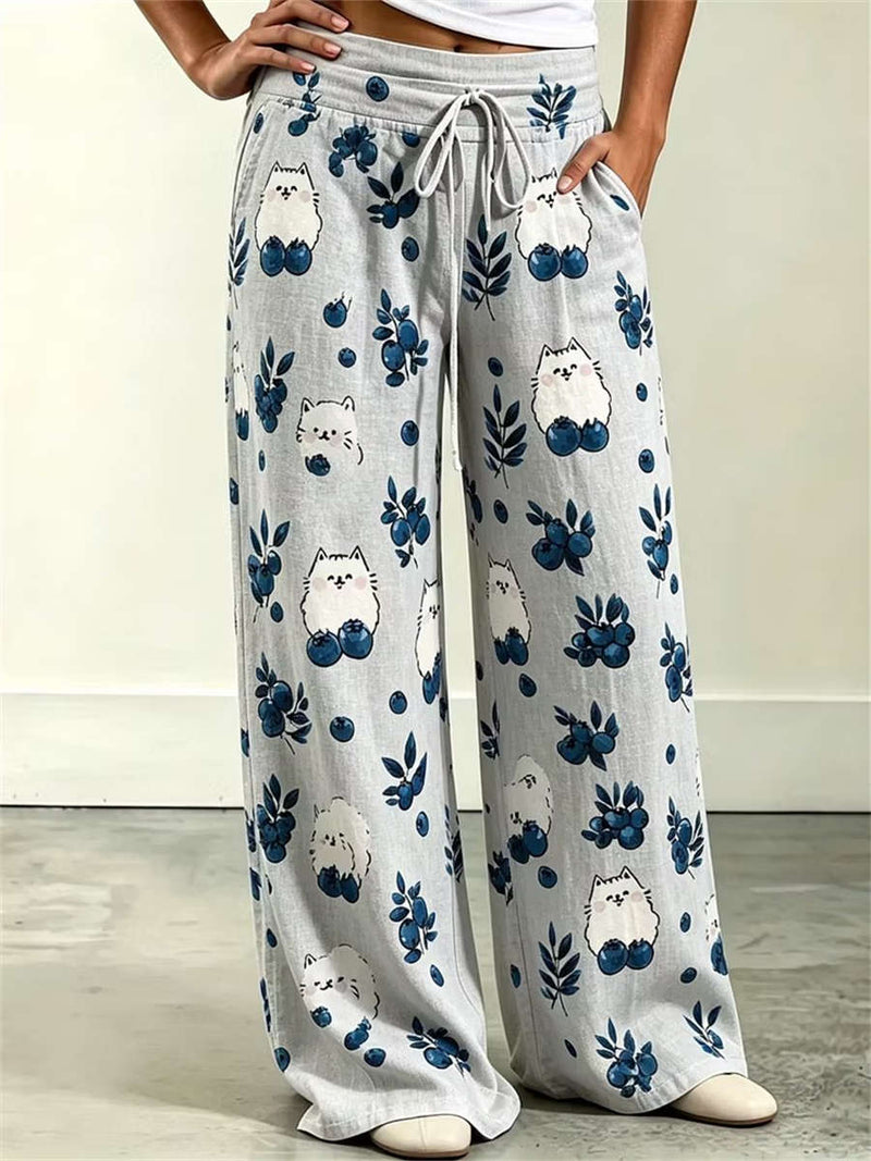 Women's Light Gray White Cat Blueberry Leaf Print Drawstring Wide Leg Long Pants