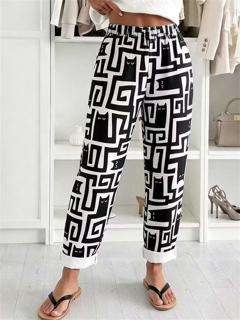 Women's Black White Geometric Cat Print Elastic Waist Long Pants