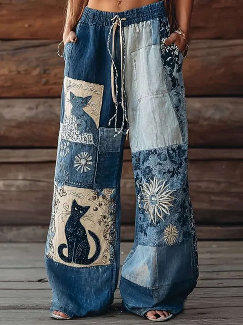 Women's Blue Patchwork Cat Floral Embroidered Elastic Waist Wide Leg Pants