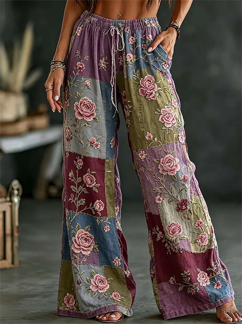Women's Color Block Floral Embroidery Drawstring Wide Leg Pants