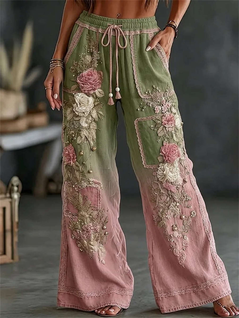 Women's Green Pink Gradient Floral Embroidery Lace Drawstring Wide Leg Pants