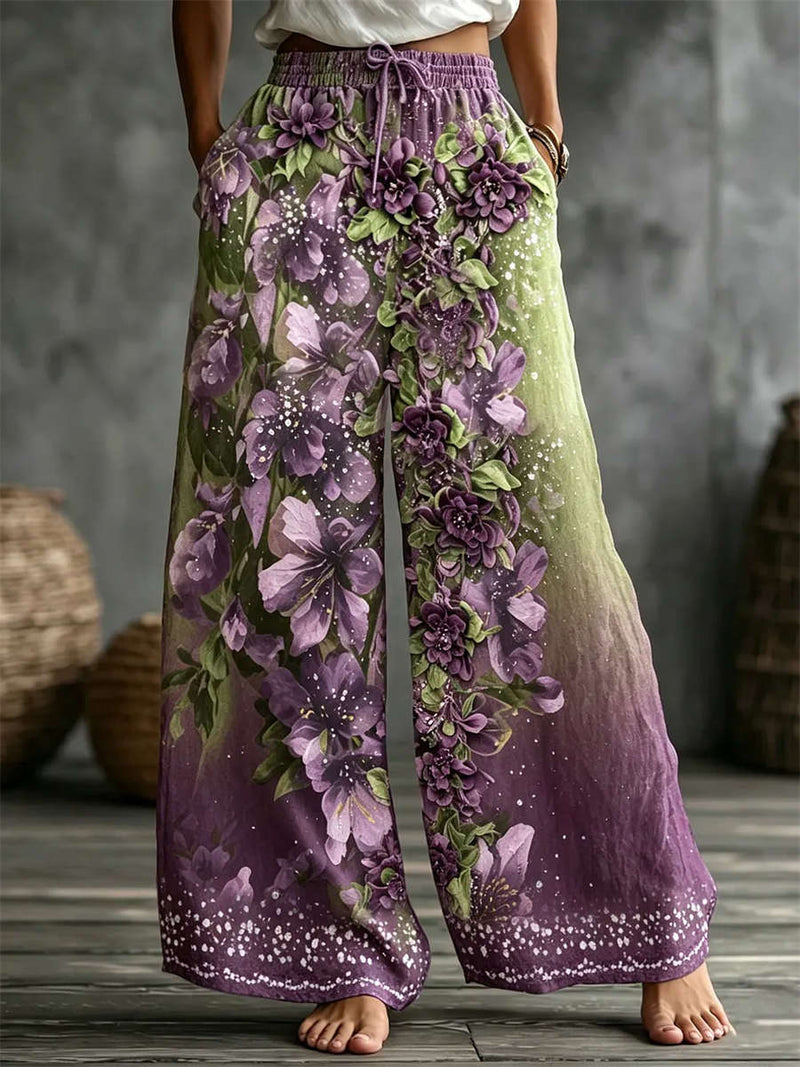 Women's Purple Green Gradient Floral Print Drawstring Wide Leg Pants