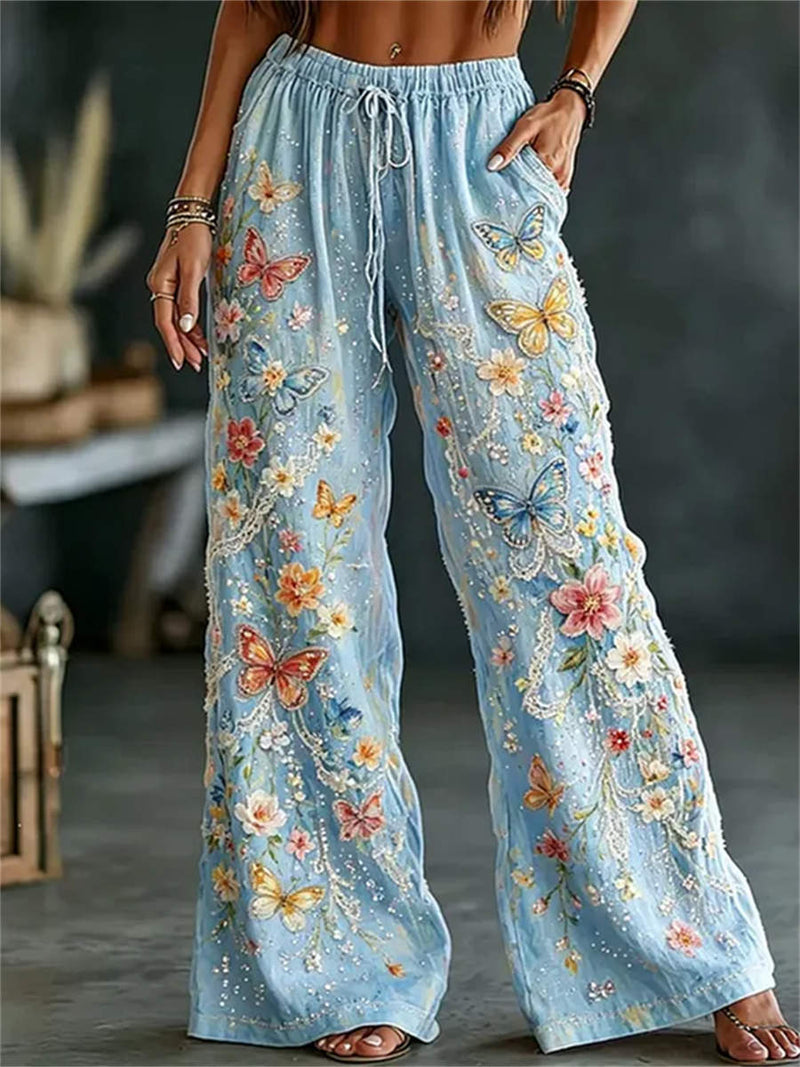 Women's Light Blue Butterfly Floral Print Elastic Drawstring Waist Wide Leg Long Pants