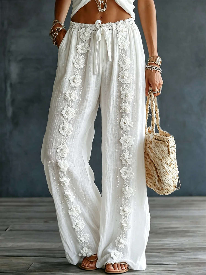 Women's White Floral Embroidery Lace Drawstring Wide Leg Pants