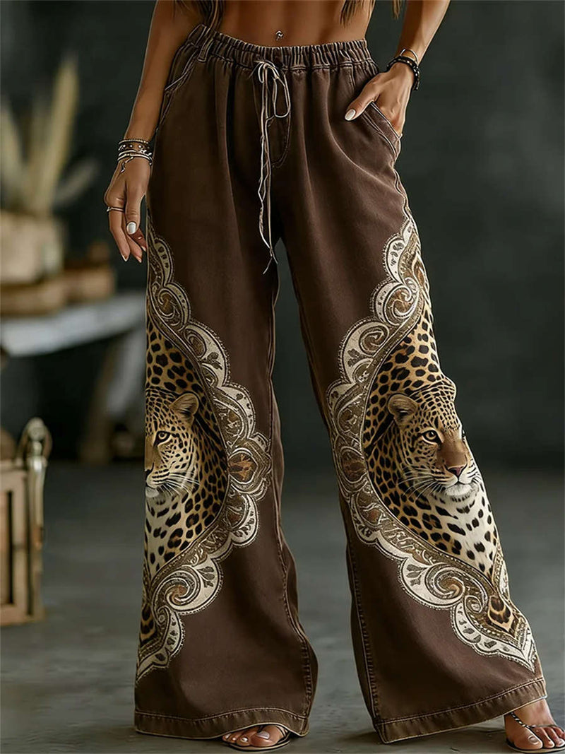 Women's Brown Leopard Print Drawstring Wide Leg Pants