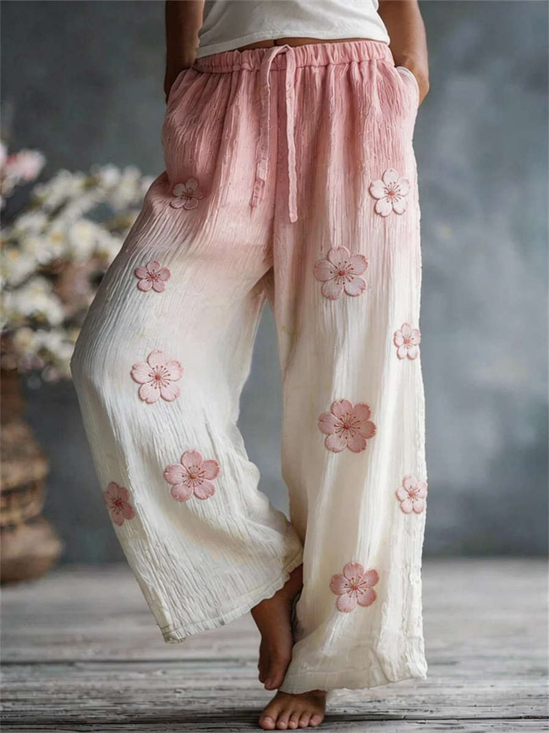Women's Pink White Gradient Floral Print Drawstring Wide Leg Pants