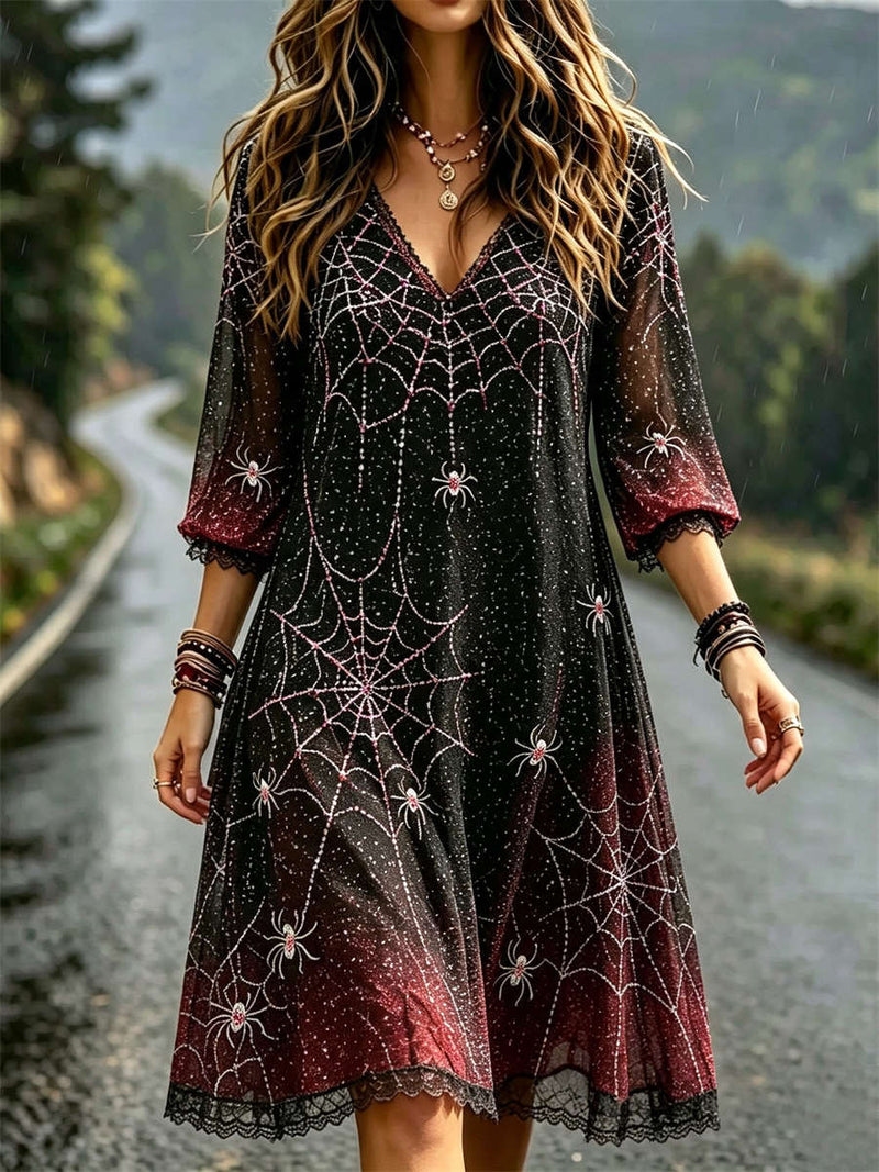 Women's Halloween Black Red Gradient Spider Web Print Lace V Neck 3/4 Sleeve Mini Dress