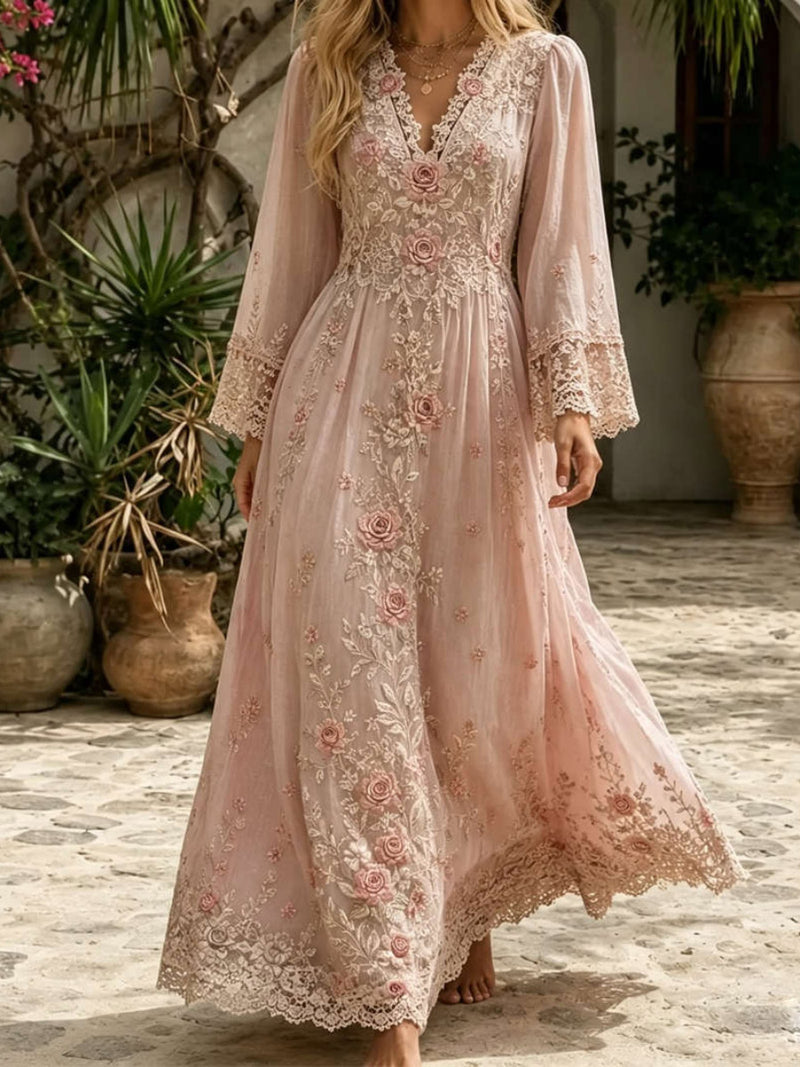 Women's Light Pink Floral Lace Print V Neck Long Sleeve Maxi Dress