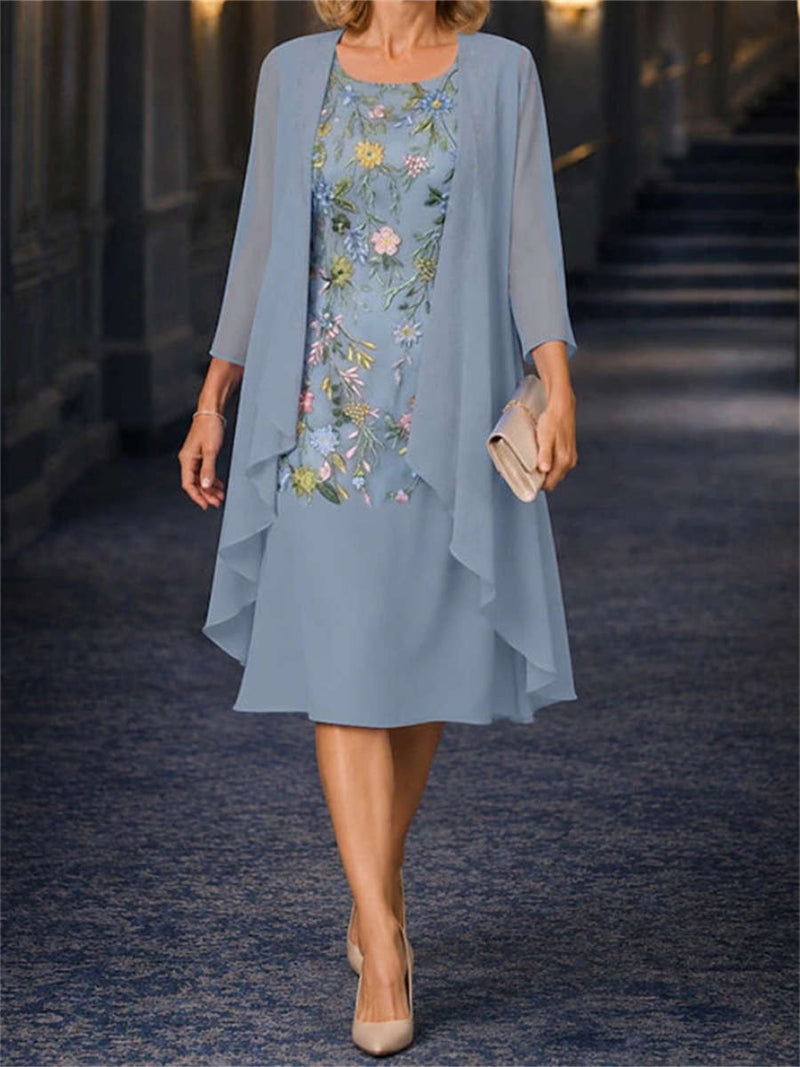 Women's Dusty Blue Floral Print Round Neck 3/4 Sleeve Two Piece Midi Dress