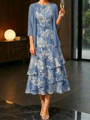 Women's Slate Blue Floral Print Round Neck 3/4 Sleeve Two Piece Midi Dress