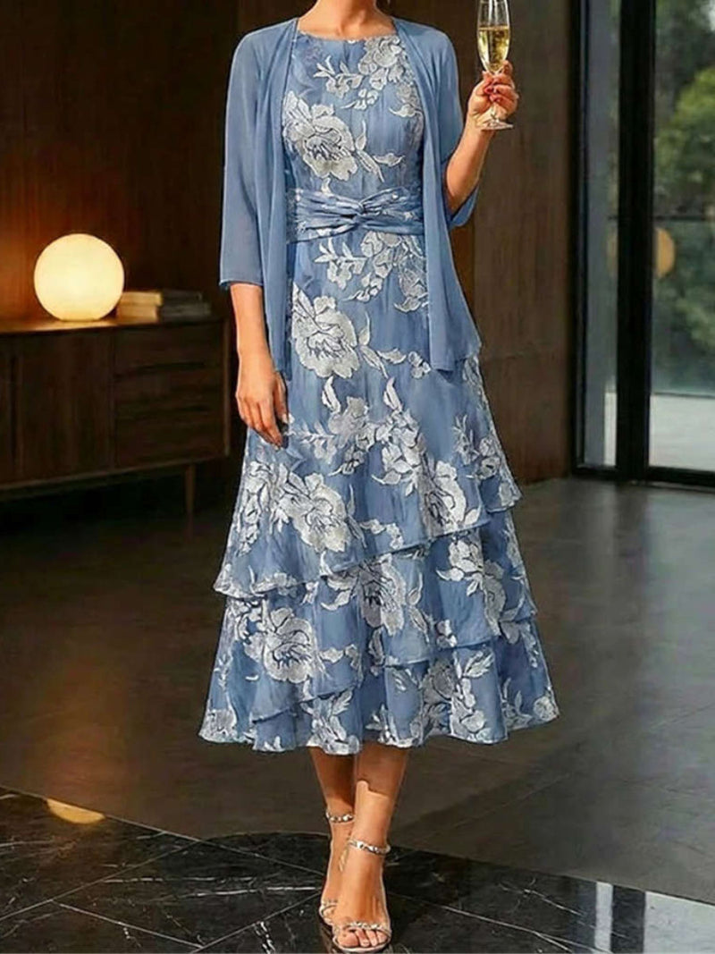 Women's Slate Blue Floral Print Round Neck 3/4 Sleeve Two Piece Midi Dress