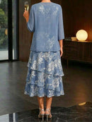 Women's Slate Blue Floral Print Round Neck 3/4 Sleeve Two Piece Midi Dress