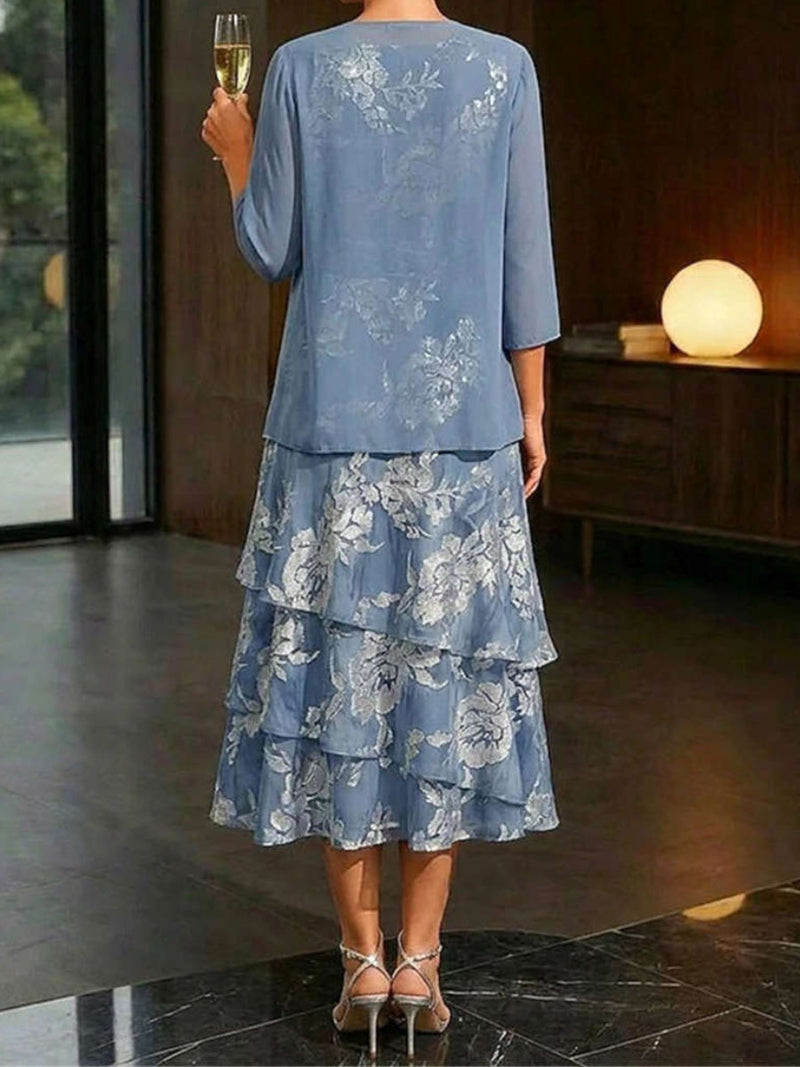 Women's Slate Blue Floral Print Round Neck 3/4 Sleeve Two Piece Midi Dress