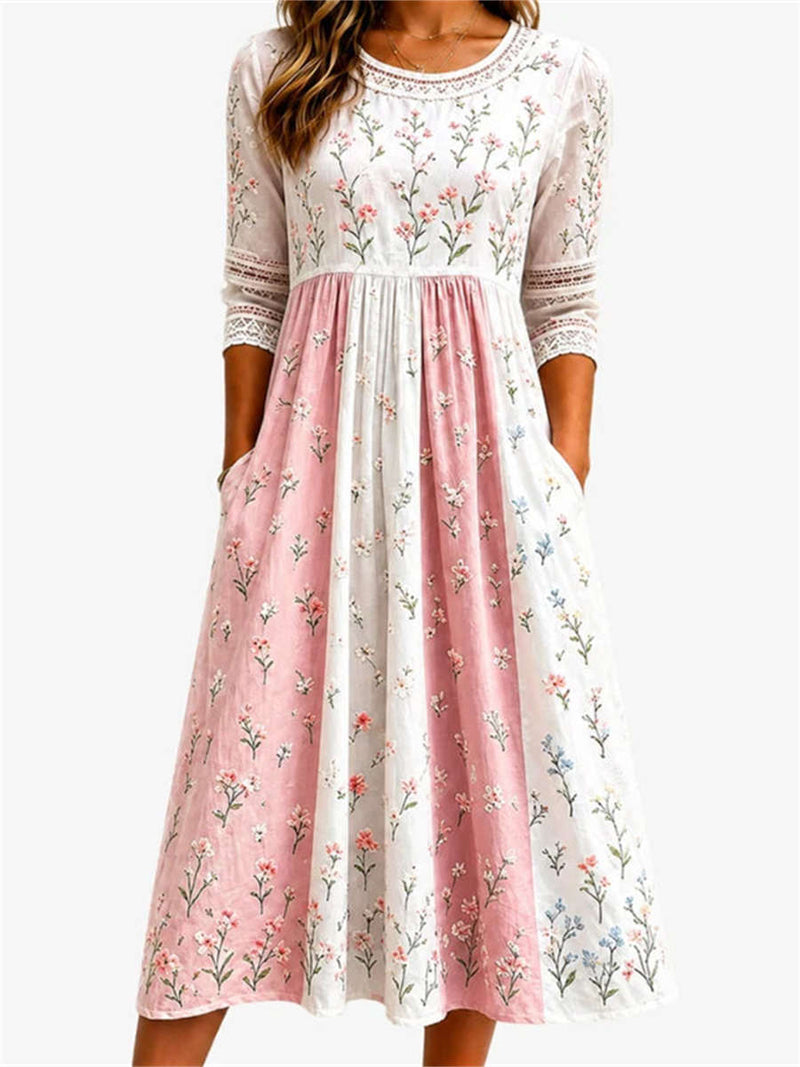 Women's White Pink Color Block Floral Print Round Neck 3/4 Sleeve Midi Dress