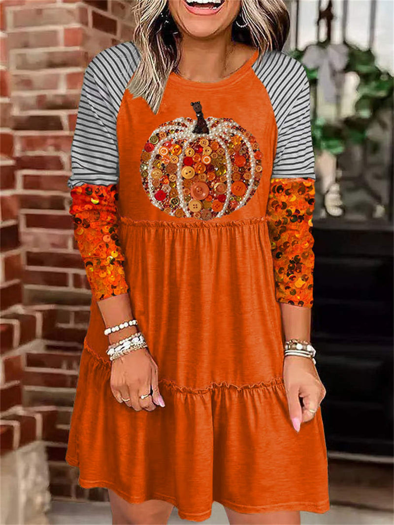 Women's Halloween Orange Pumpkin Print Raglan Long Sleeve Tiered Mini Dress