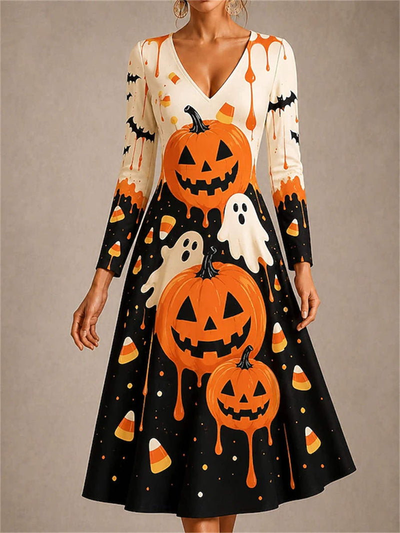 Women's Halloween White Black Pumpkin Ghost Candy Print V Neck Long Sleeve Midi Dress
