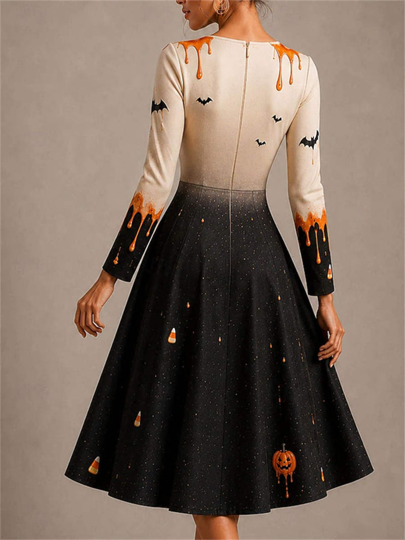 Women's Halloween White Black Pumpkin Ghost Candy Print V Neck Long Sleeve Midi Dress