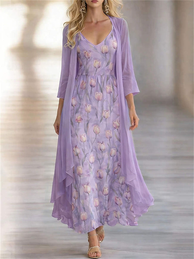 Women's Purple Tulip Floral Print V Neck 3/4 Sleeve Two Piece Maxi Dress