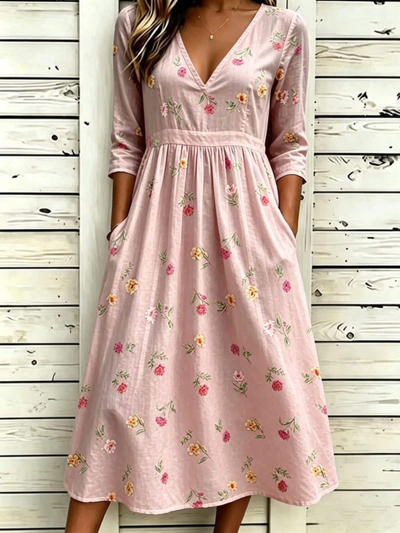 Women's Light Pink Floral Print V Neck 3/4 Sleeve Midi Dress