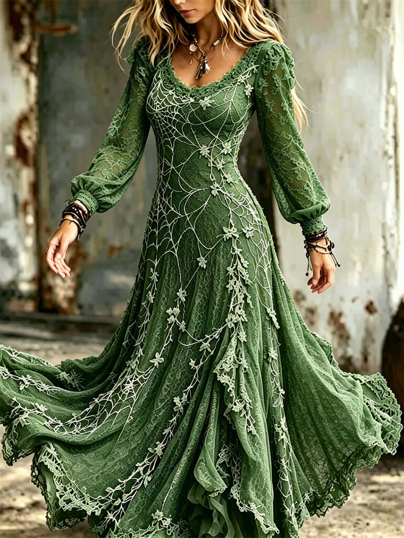 Women's Halloween Green Spider Web Floral Lace Print V Neck Long Sleeve Maxi Dress