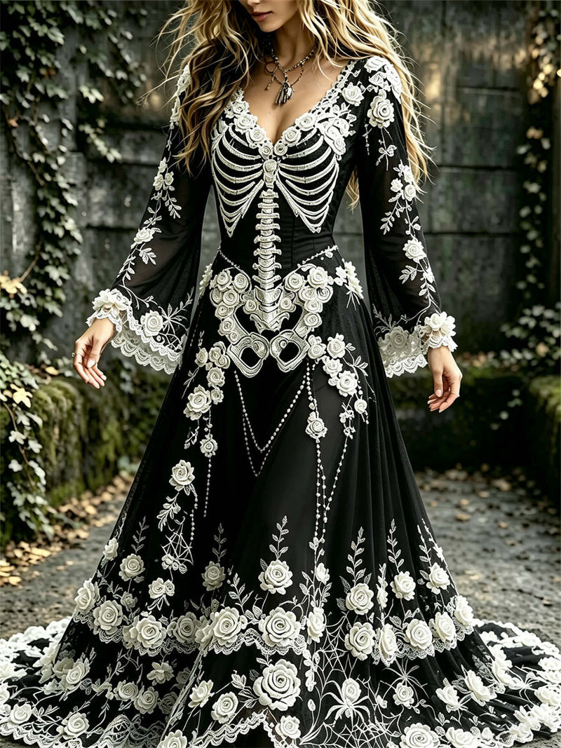 Women's Halloween Black White Skeleton Rose Floral Print V Neck Long Sleeve Maxi Dress
