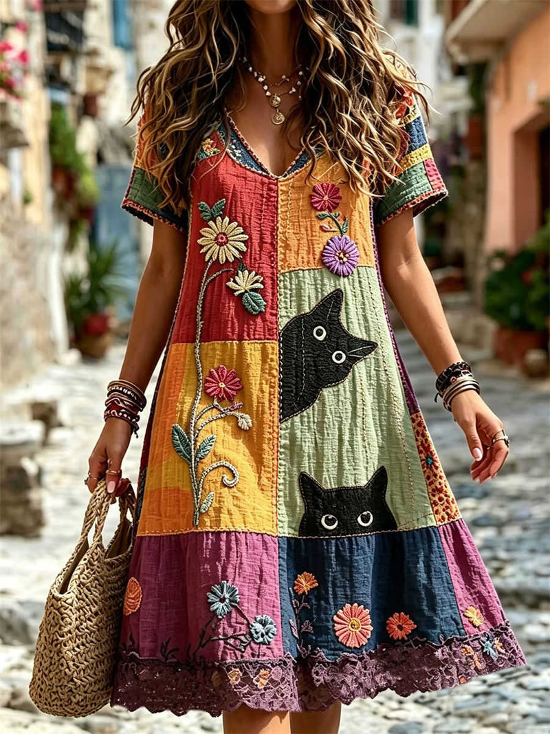Women's Multi Color Block Embroidered Cat Floral V Neck Short Sleeve Mini Dress