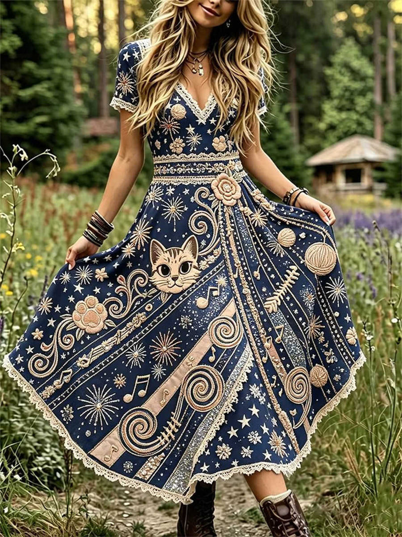 Women's Navy Embroidered Cat Star Lace Trim V Neck Short Sleeve Maxi Dress