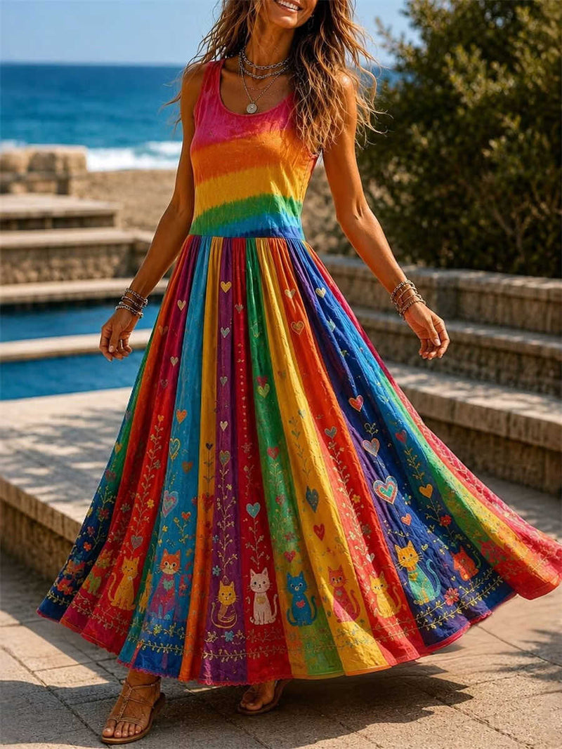 Women's Rainbow Embroidered Cat Heart Round Neck Sleeveless Maxi Dress