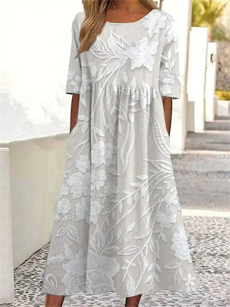 Women's Light Gray Floral Print Round Neck 3/4 Sleeve Midi Dress