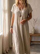 Women's Beige Solid V Neck Short Sleeve Maxi Linen Dress