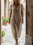 Women's Beige Solid V Neck Short Sleeve Maxi Linen Dress