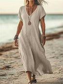 Women's Beige Solid V Neck Short Sleeve Maxi Linen Dress